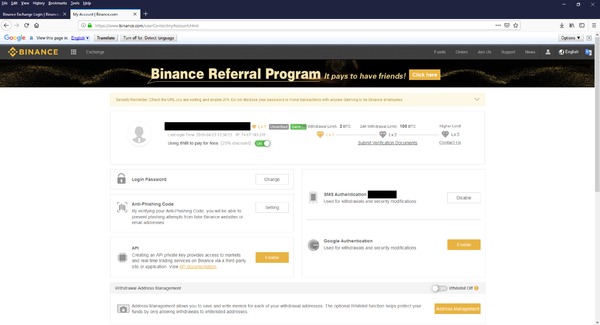 Binance exchange basic page.