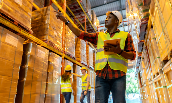 Worker looking at supplies on shelves.