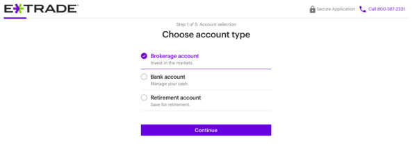 ETrade choose account type page.