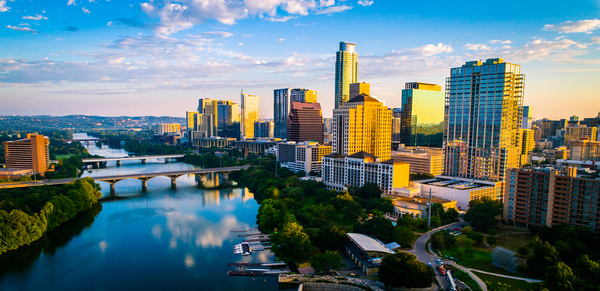 City skyline with river.