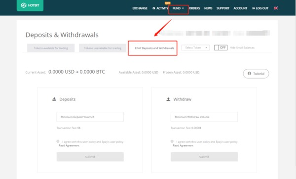 Hotbit deposits and withdrawals page.