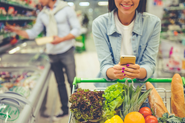 Shopping in a grocery store.