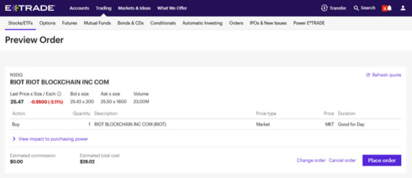 ETrade preview order screen.