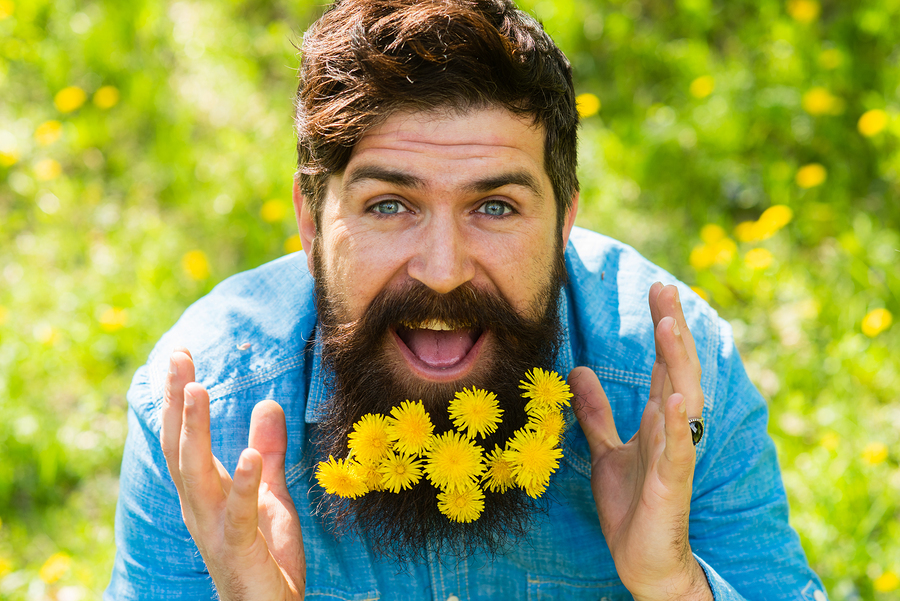 Smiling man with dandelions in his beard.