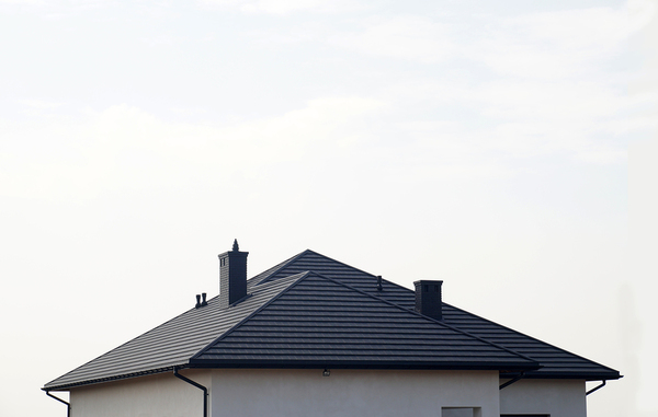 Shingled roof with dark gutters.