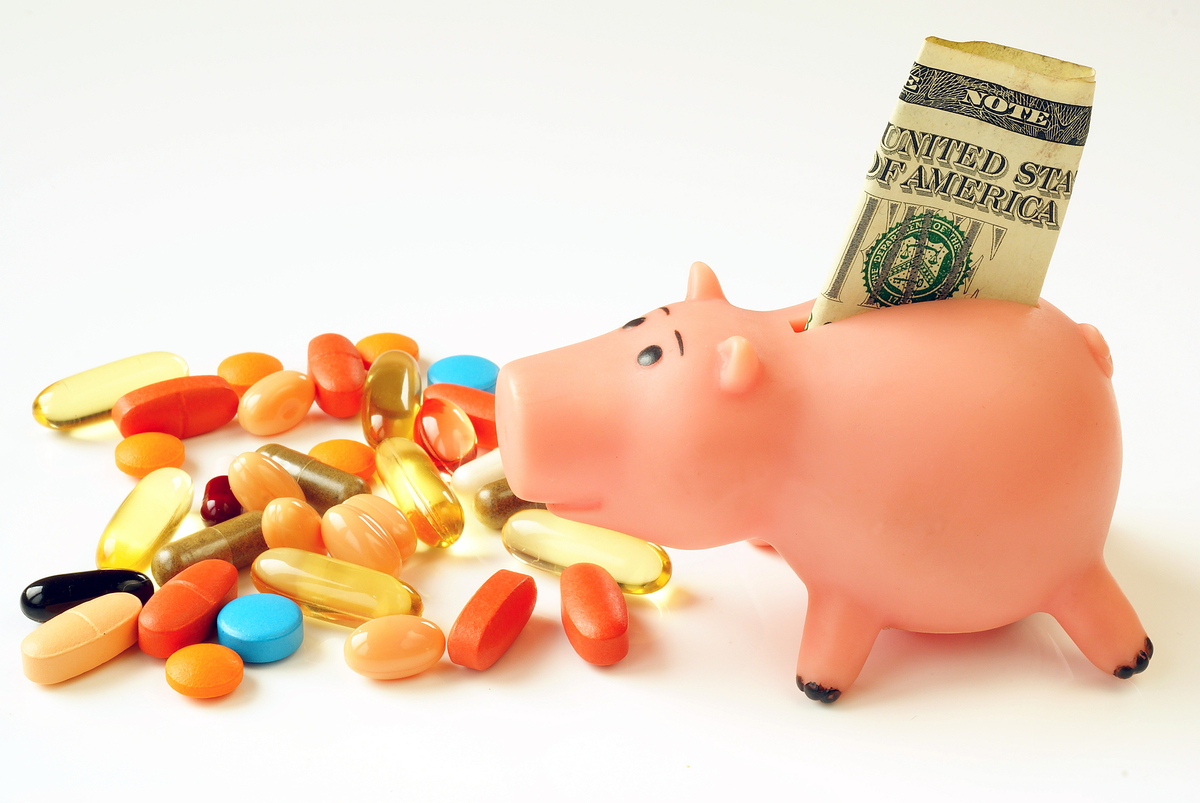 Piggy bank with pills.