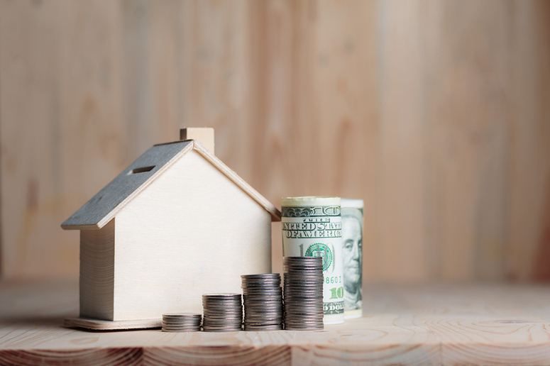 Wooden bird house with a pile of coins and rolled up paper money.