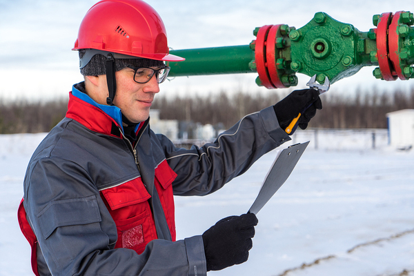 Man with a red hardhat fixing equipment.