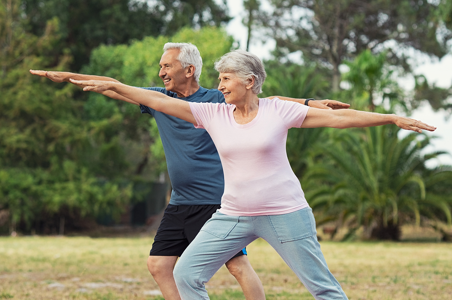 Older couple performing yoga outside.