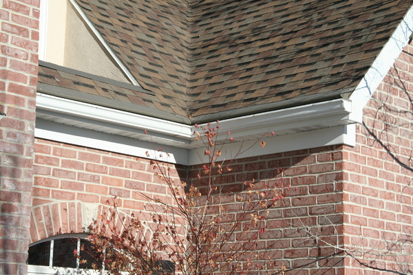 Brick front home with shingled roof and white gutters.