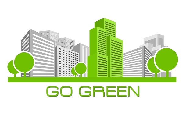 City illustration with skyscrapers and the words go green on the bottom.