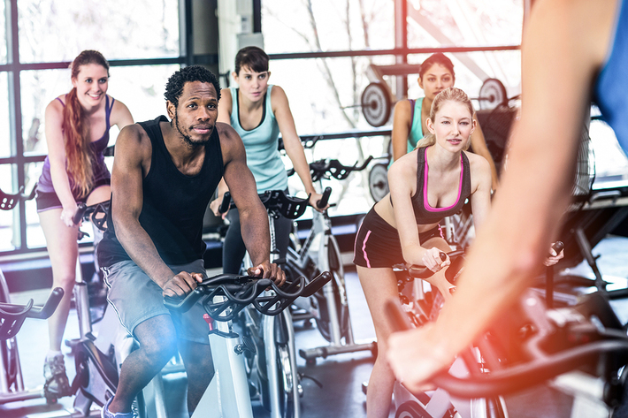 Group stationary bike class.