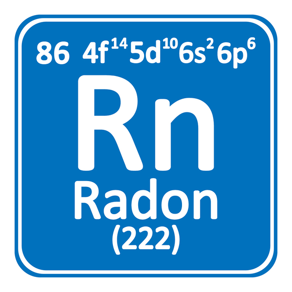 Radon periodic table symbol letters in white with blue background.