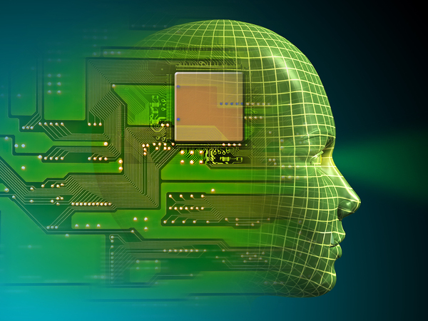 Computer board superimposed over a digital human head.