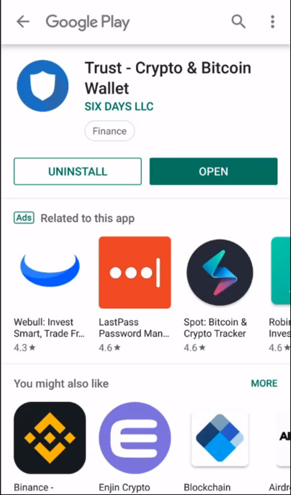 Google play screen displaying The Trust - Crypto & Bitcoin Wallet app.