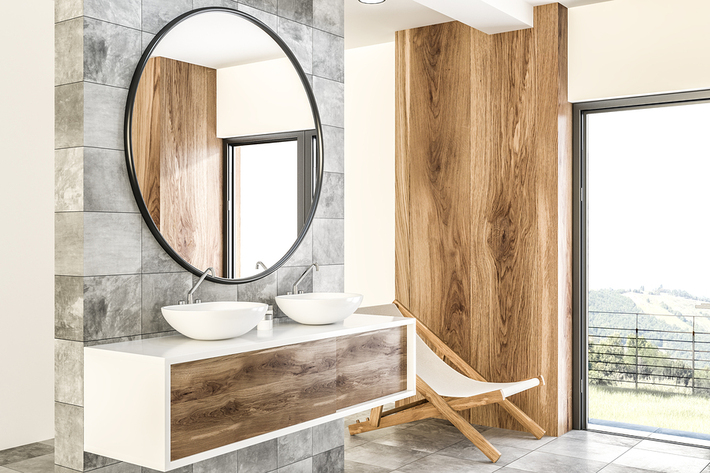 Beautiful bathroom with double sink and glass door.