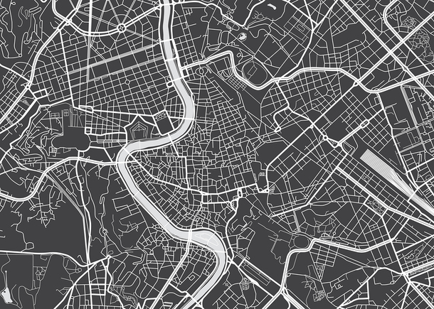 Black and white map with roadways and rivers.