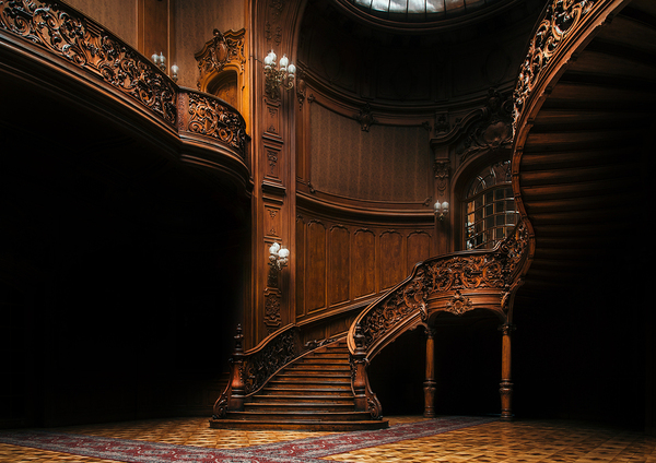 Wooden winding stairs.