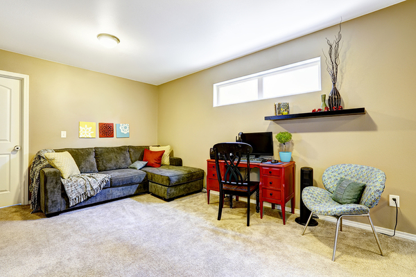 Basement living room with window.