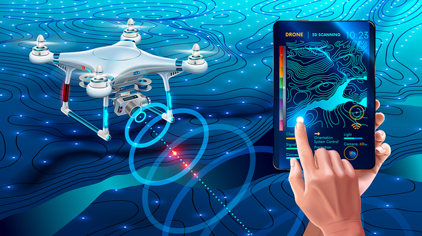 Graphic drawing of a drone and a tablet for controlling it.