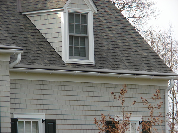 Shingled roof with white gutters.