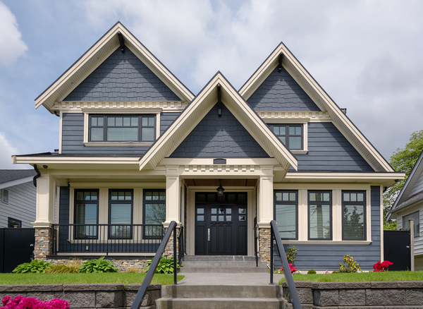 Grey colored home with white trim.