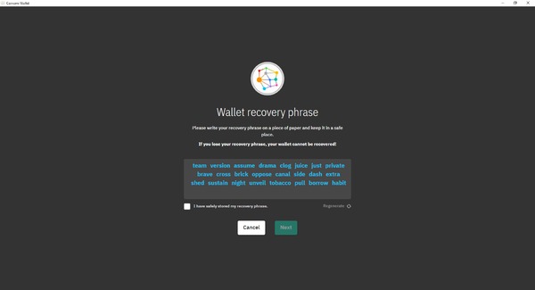 Coinomi app wallet recovery phrase page.