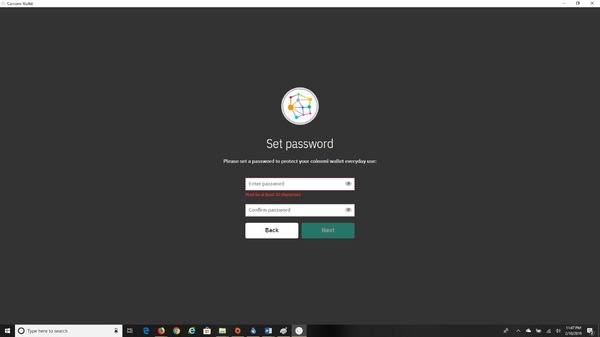 Coinomi app set password page.