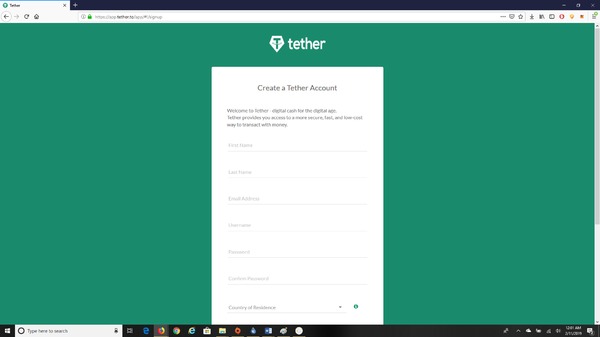 Tether sign up form.