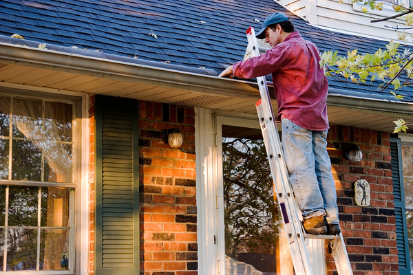 Man on a ladder cleaning out gutters.