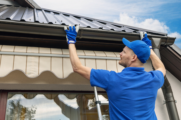 Man installing gutters on a house.