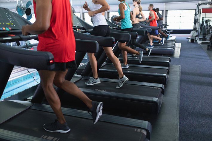 Group of people running on treadmills.