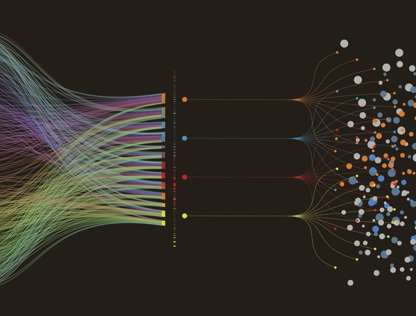 Straight lines entering into a box, and then exiting as circles.