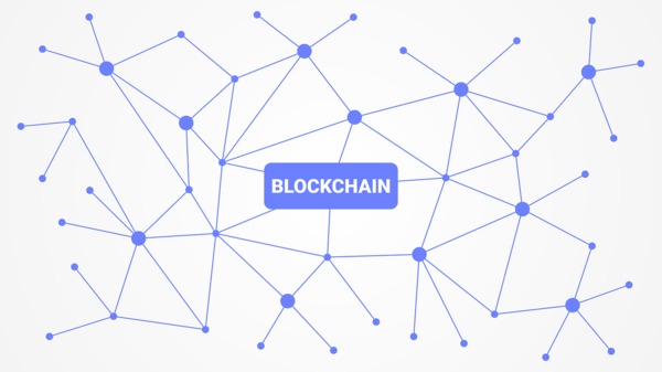 The word blockchain surrounded by linking lines.