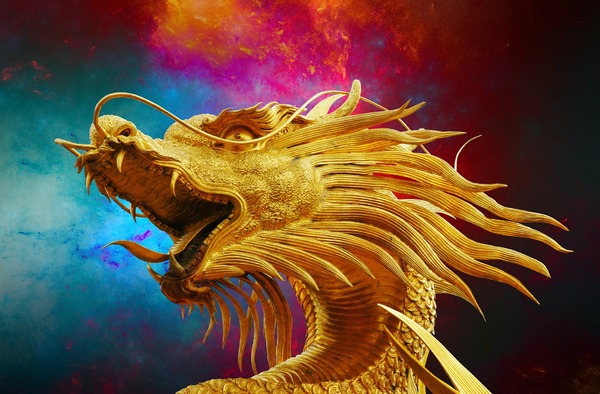 Golden dragon with blue and red background.