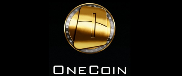 Onecoin logo which is a silver coin with gold in the center and a large 1.