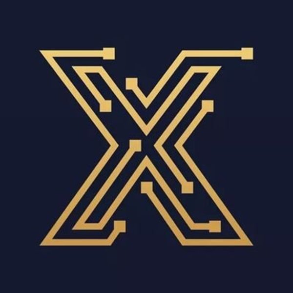 Plex coin logo large gold X made with multiple lines.