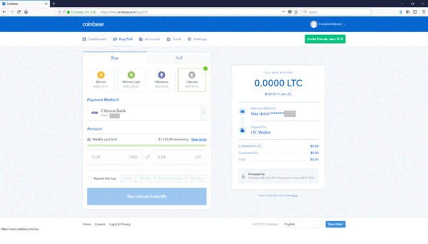 Coinbase screen where you enter your payment method.