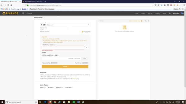 Binance withdrawal page.