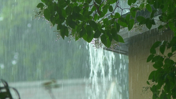 Rain pouring down around the corner of a house.