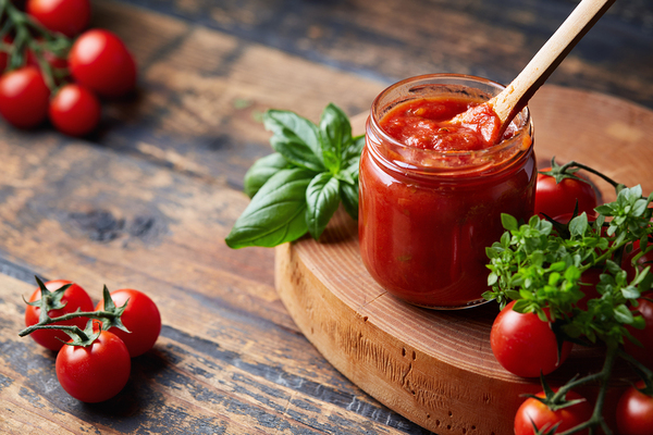 Glass jar of tomato sauce.