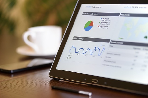 Tablet with charts and graphs displayed.