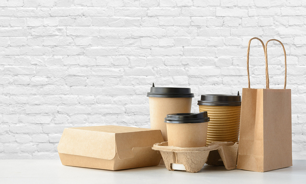 Brown packaged coffee cups and food containers.