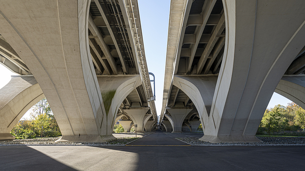 Underneath a bridge.