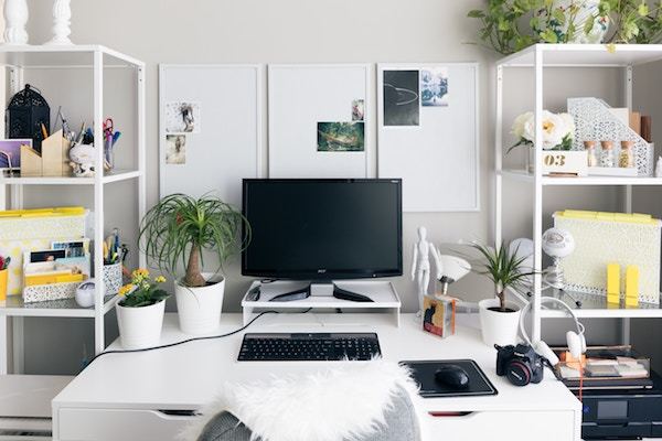 Desk with computer, plants and camera.