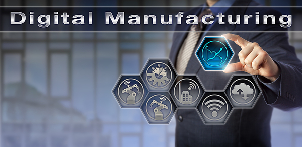 Businessman pointing to a graphic with several icons and the words digital manufacturing.