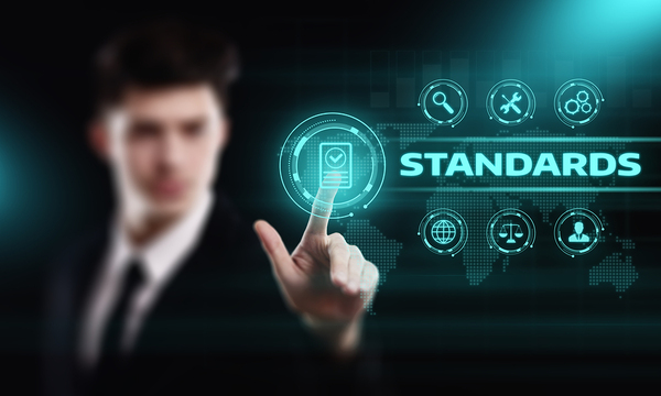Man in a business suit pointing to an icon with the word standards next to it.